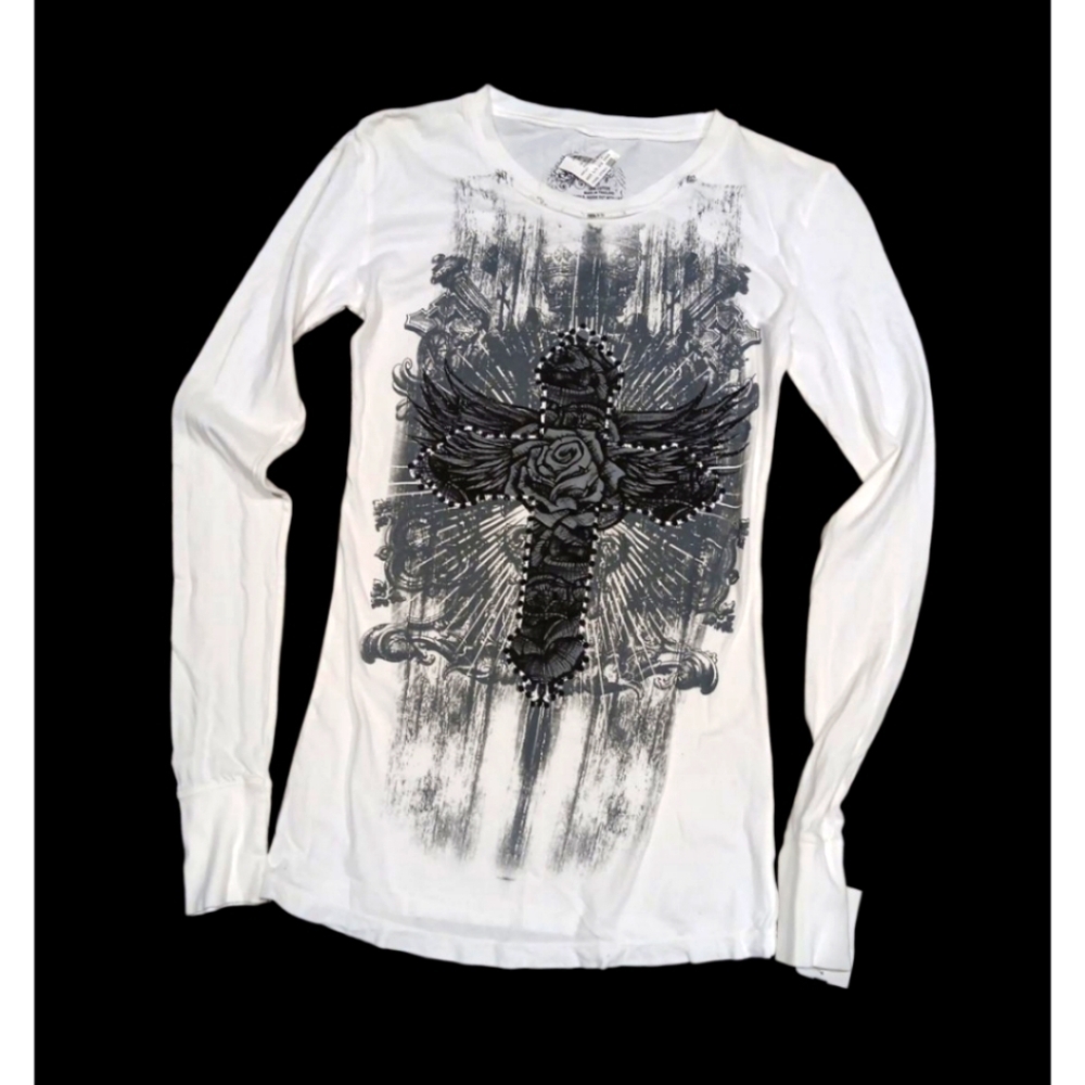 Y2k Stranded White Long Sleeve Tee with Graphic Design Sz S New